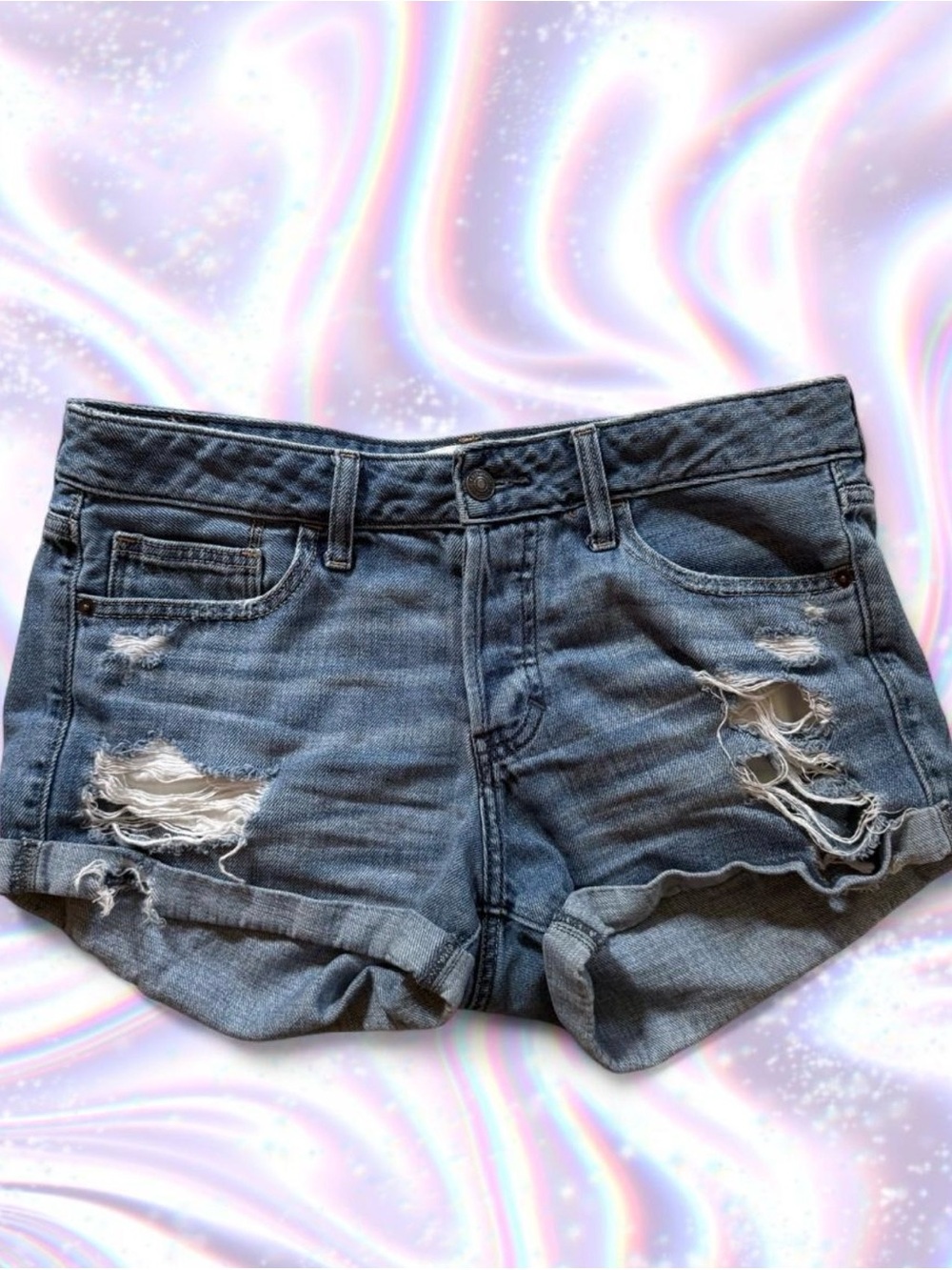 American Eagle Outfitters Distressed Rolled Hem Jean Shorts - Denim Blue